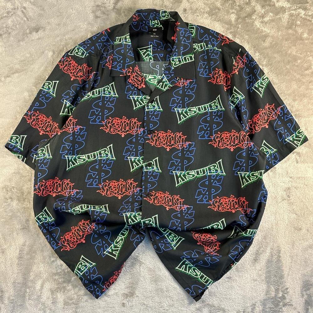 Ksubi Neon Logo Dollar Sign Button Up Shirt Mens XXL Black All Over Print Tencel